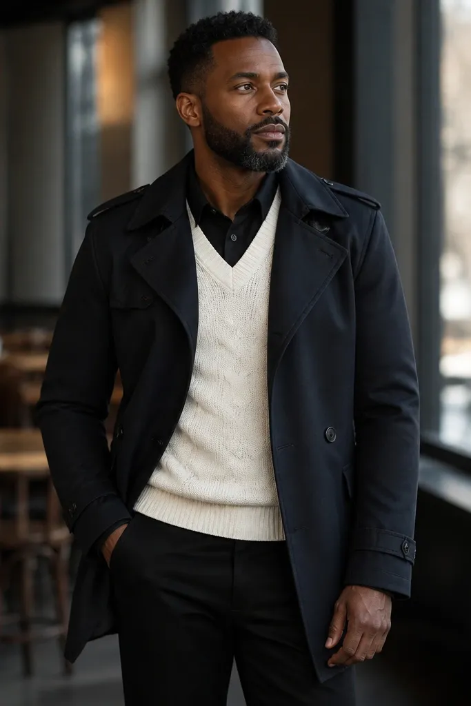 Black short trench over white sweater vest with black shirt and black trousers