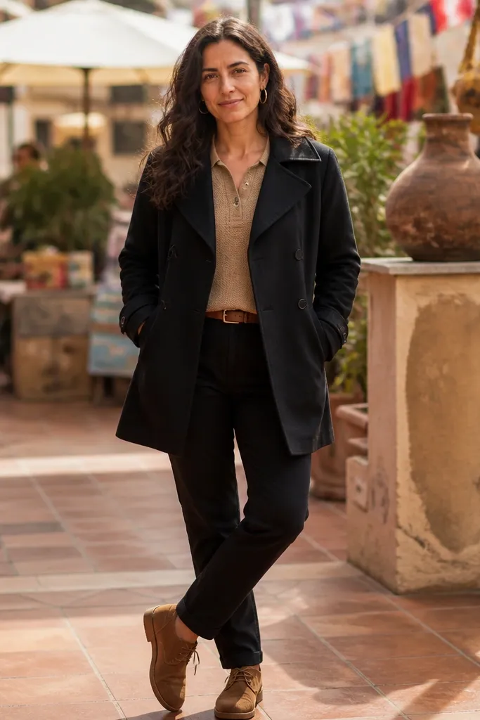 Black short trench over tan knit polo with black chinos and brown suede desert boots