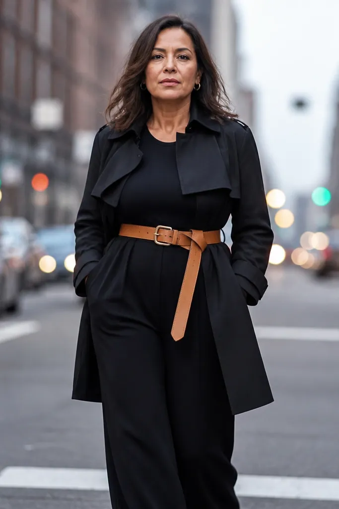 Black short trench belted with camel, over black bodysuit and wide-leg black trousers