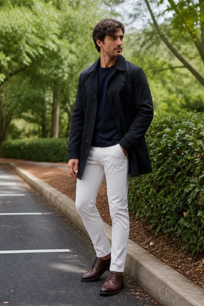 Black short trench over navy long-sleeve tee with white jeans and dark brown lace-up shoes