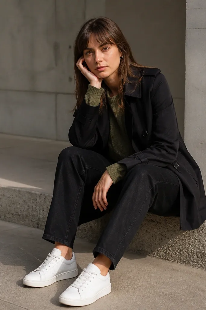 Black short trench over sage green sweater with black straight jeans and white sneakers