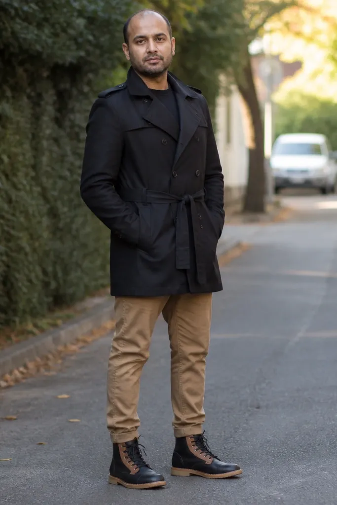Black short trench over black long-sleeve tee with tan chinos and black-and-tan boots