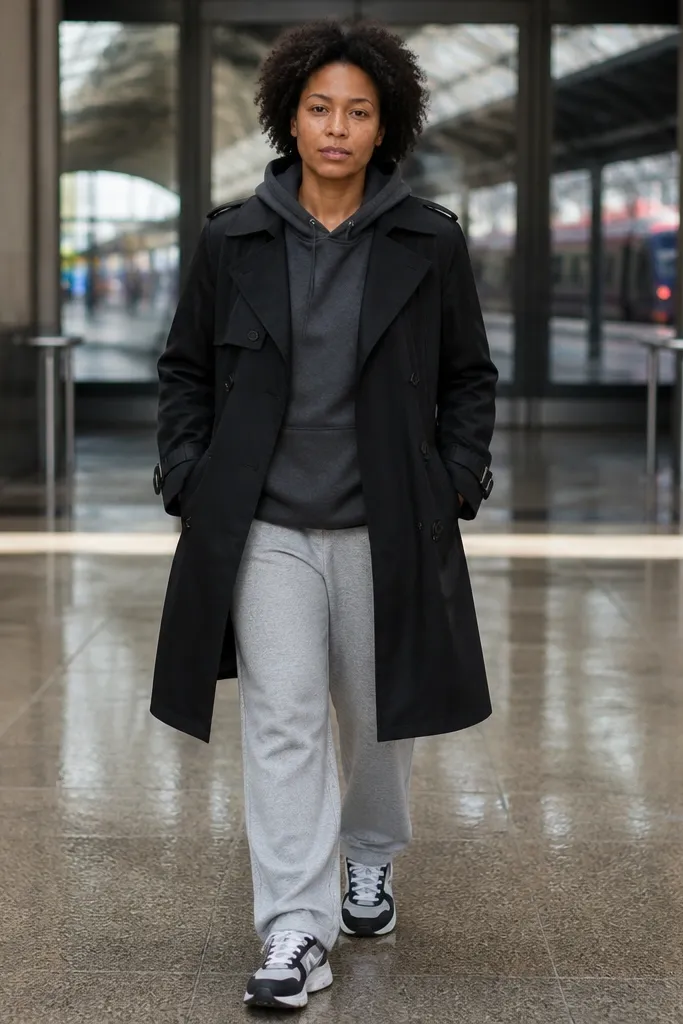 Black short trench over charcoal hoodie with gray sweatpants and monochrome sneakers