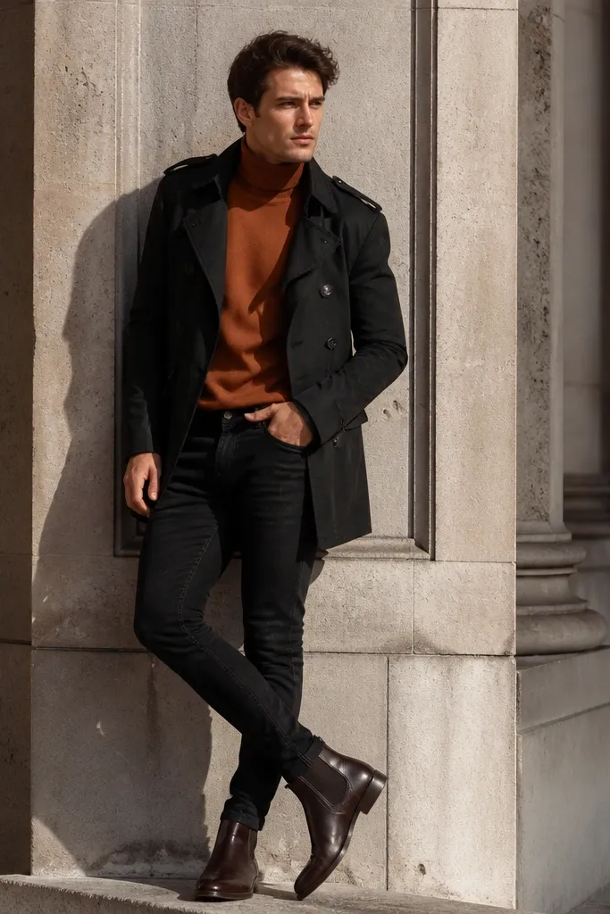 Black short trench over orange-brown turtleneck with black slim jeans and dark brown boots