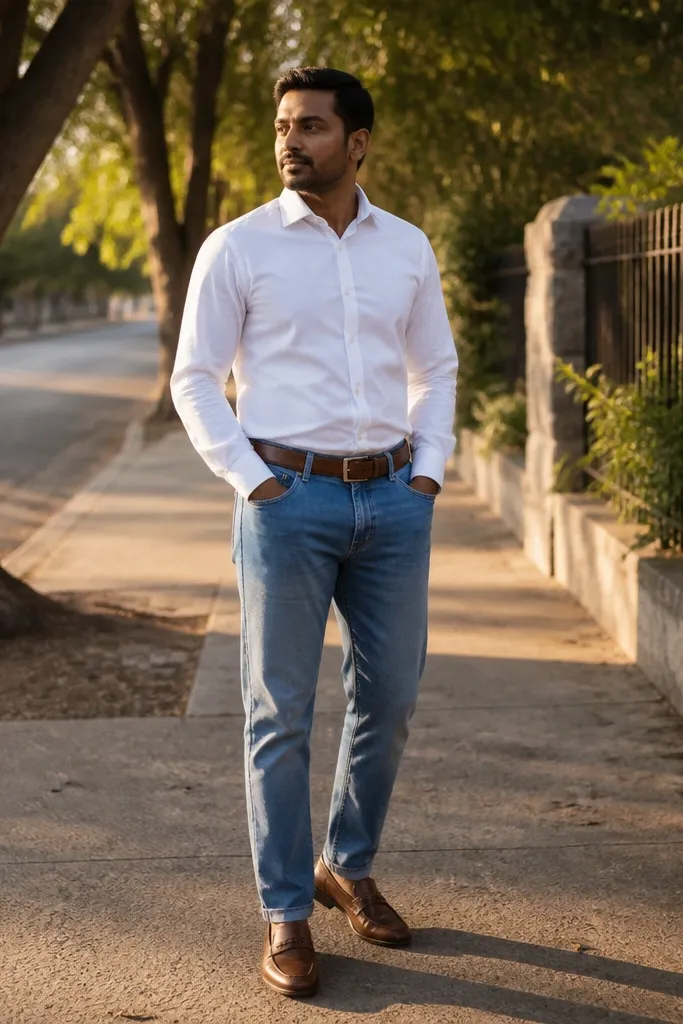 Sky blue jeans with a white oxford shirt, brown belt, and brown loafers