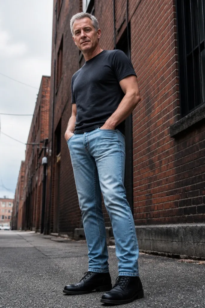 Sky blue jeans with a charcoal t-shirt and black leather boots