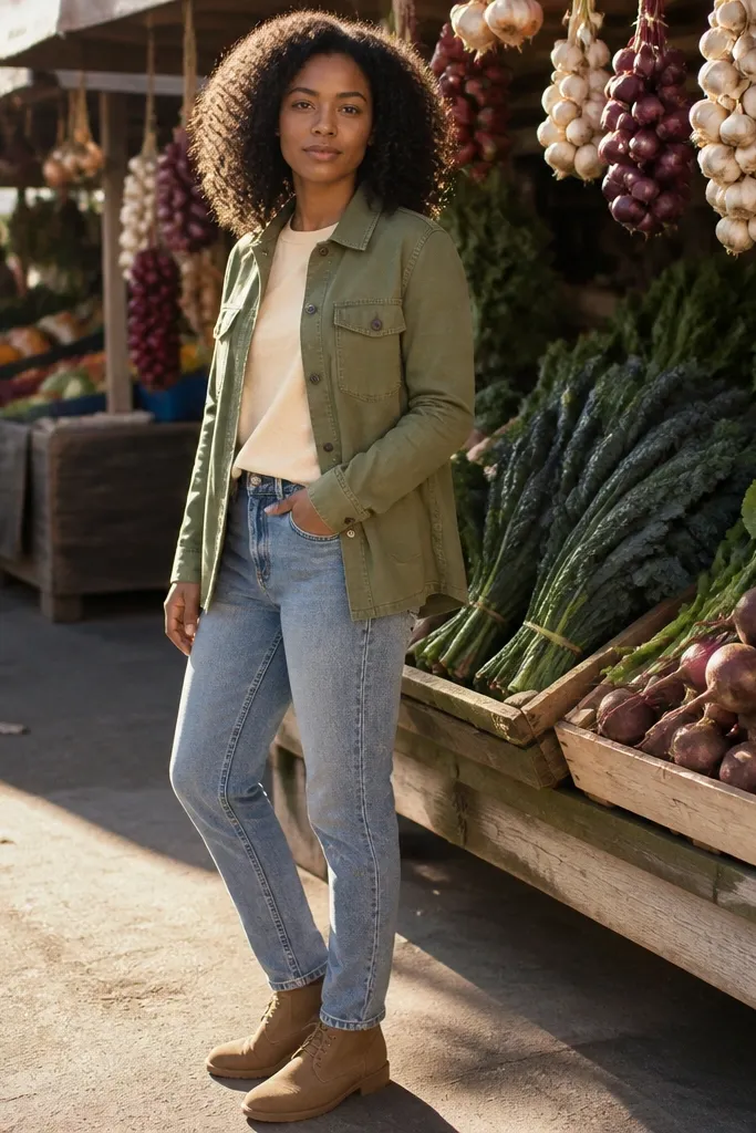 Sky blue jeans with an olive overshirt and tan chukka boots