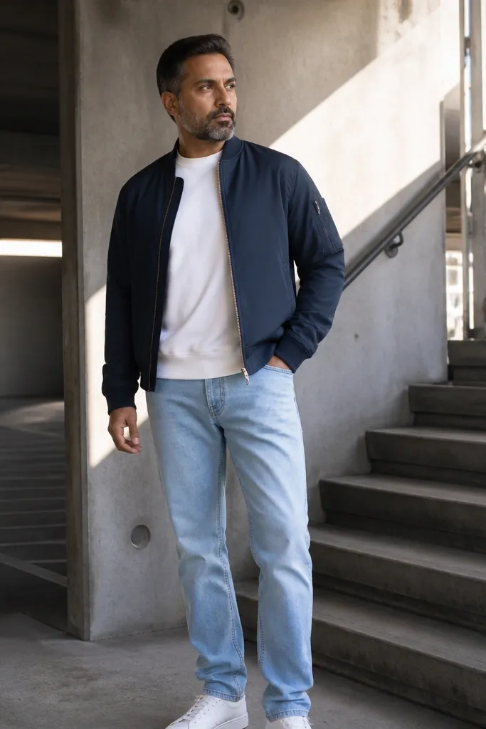 Sky blue jeans with a navy bomber jacket and a white crewneck