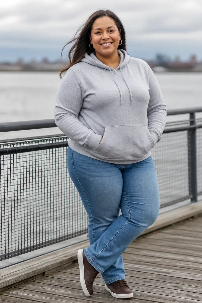 Sky blue jeans with a light gray hoodie and dark brown sneakers