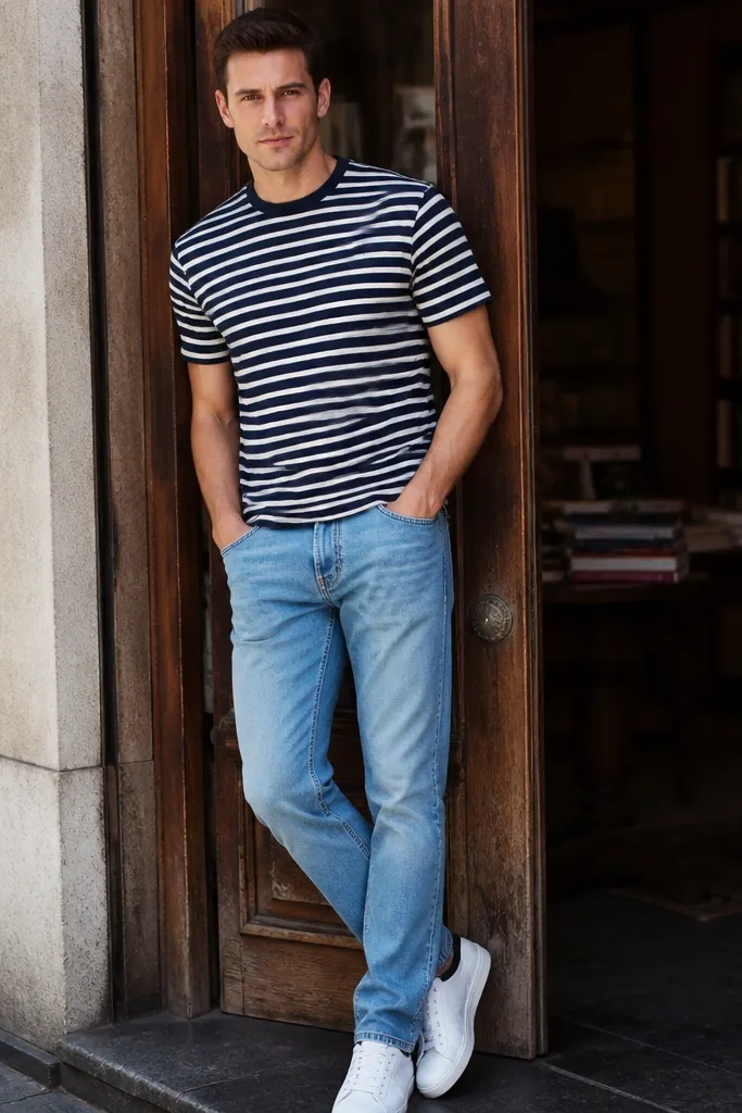 Sky blue jeans with a navy striped tee and white sneakers