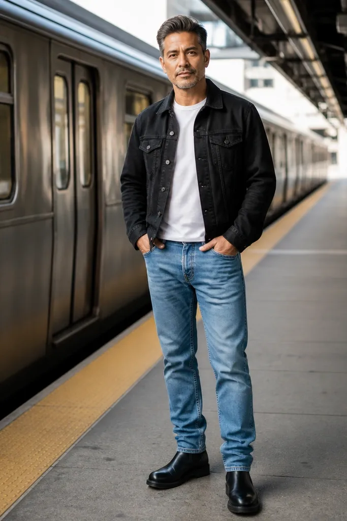Sky blue jeans with a black denim jacket and a white t-shirt