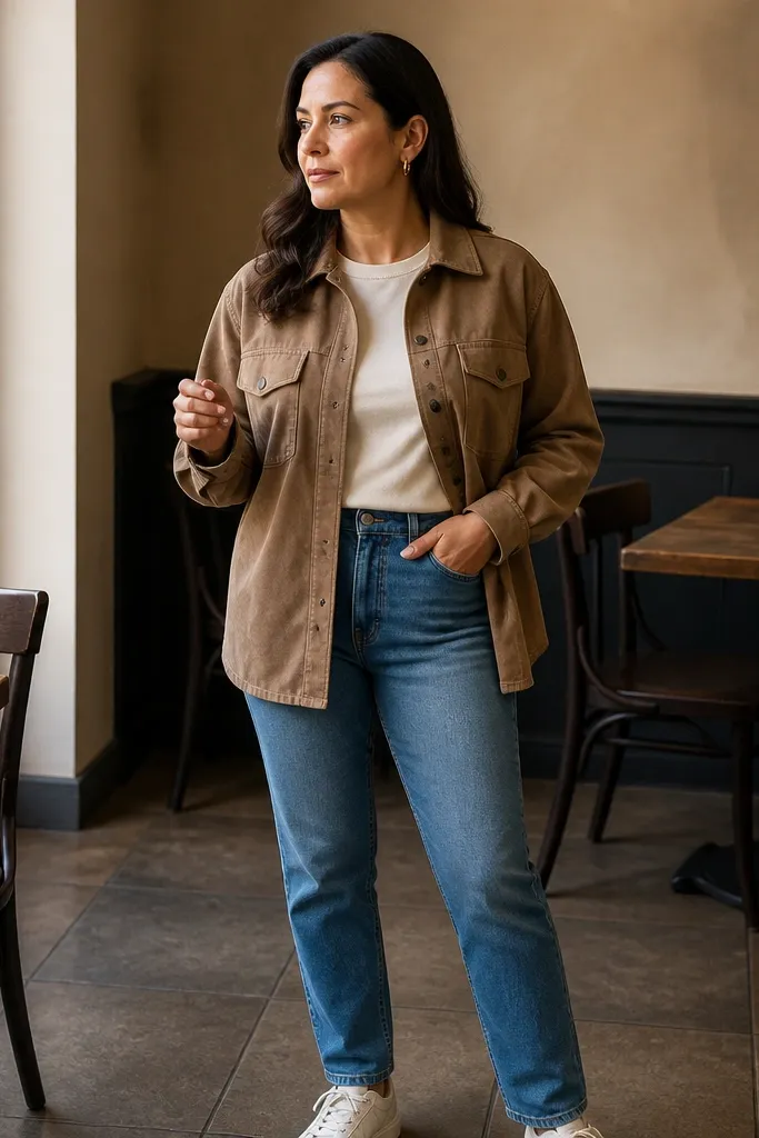 Sky blue jeans with a tan suede overshirt and an ecru t-shirt