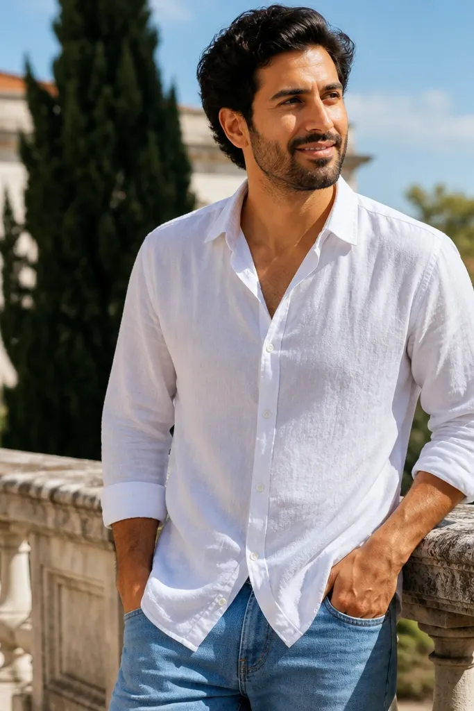 Sky blue jeans with a white linen shirt and rolled sleeves