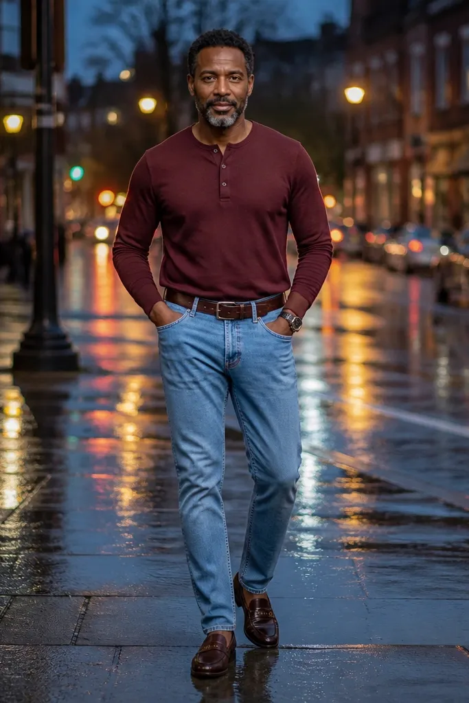Sky blue jeans with a burgundy henley and dark brown loafers