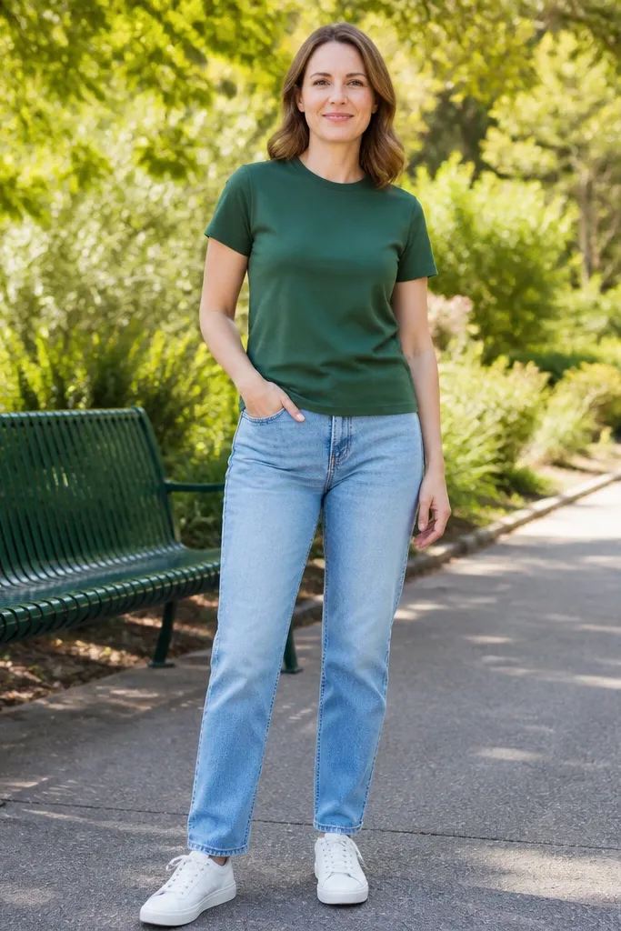 Sky blue jeans with a forest green t-shirt and white low-top sneakers