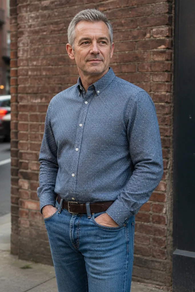 Sky blue jeans with a blue-gray patterned chambray shirt