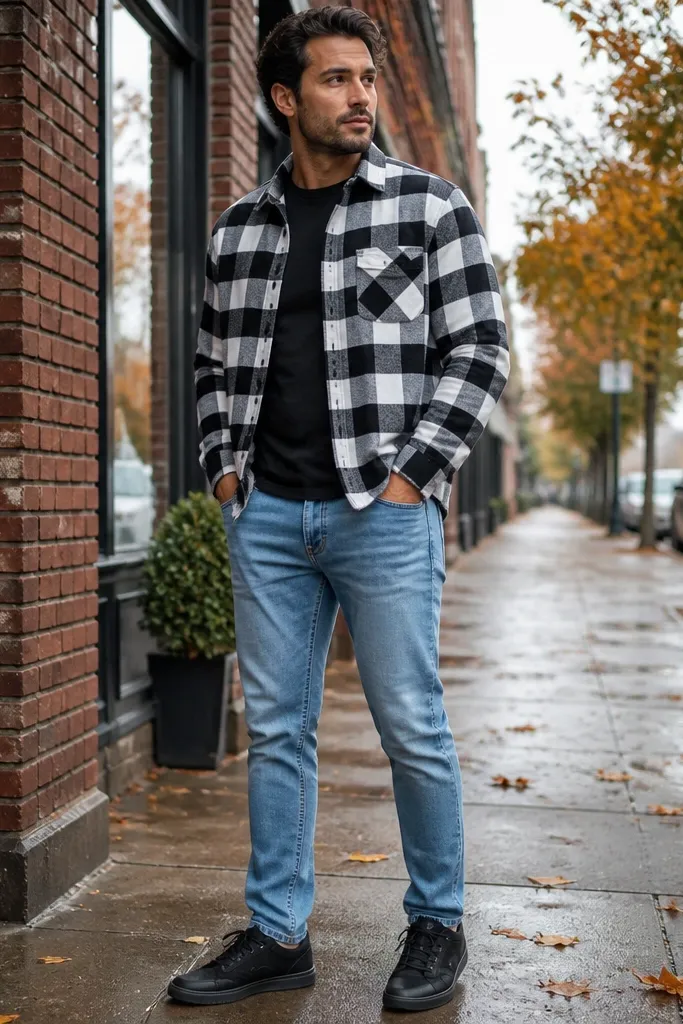 Sky blue jeans with a black-and-white flannel and black sneakers
