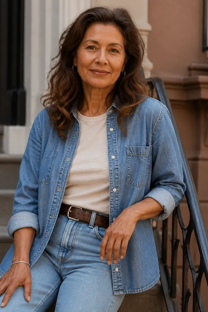 Sky blue jeans with a lighter denim shirt and a dark belt