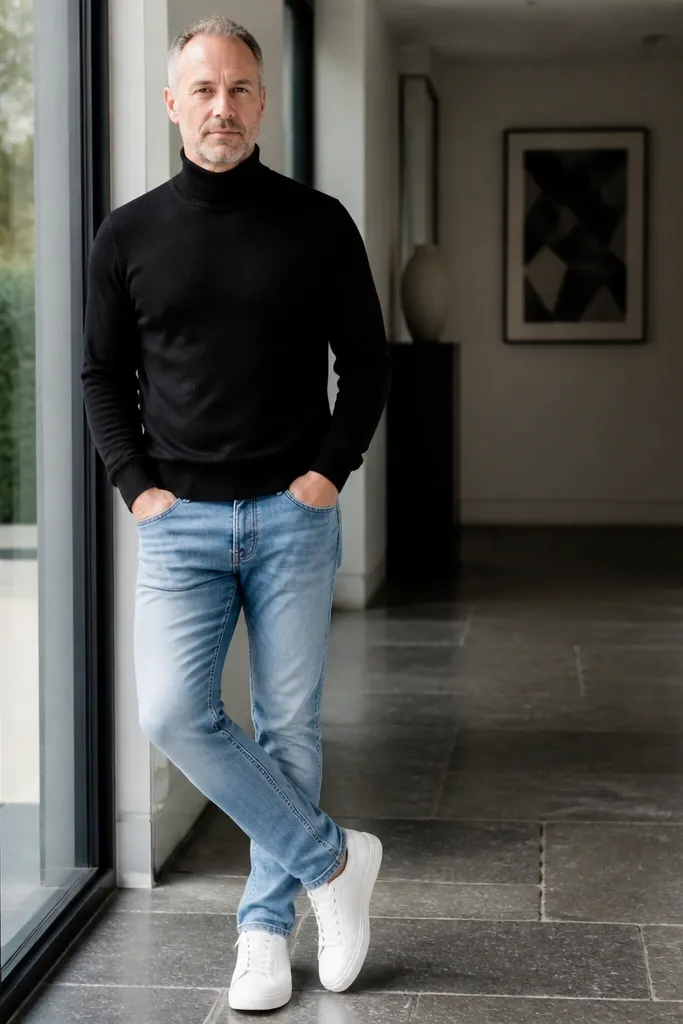 Sky blue jeans with a black turtleneck and white sneakers