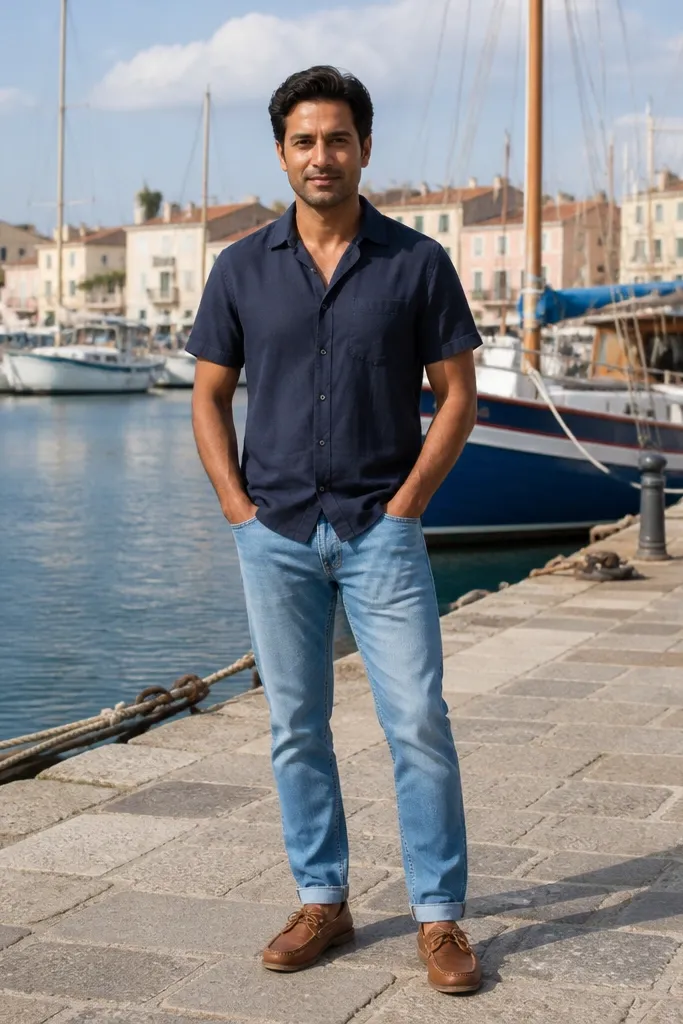 Man in sky blue jeans with navy camp collar shirt and tan boat shoes in daylight