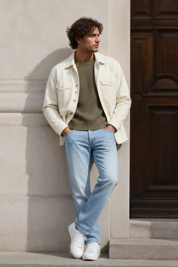Sky blue jeans layered with olive knit and off-white overshirt, finished with white sneakers