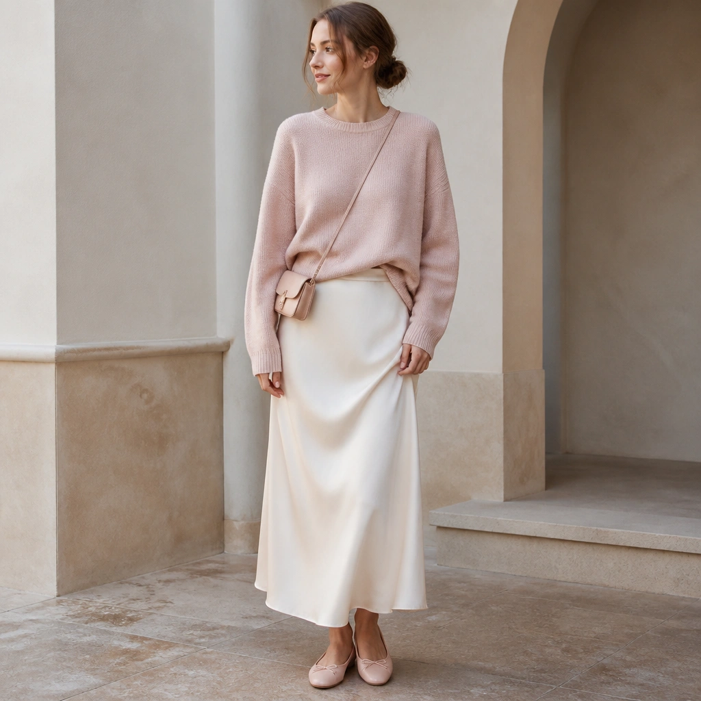 A baby pink sweater worn over a cream satin slip skirt, paired with blush ballet flats and a thin crossbody bag.