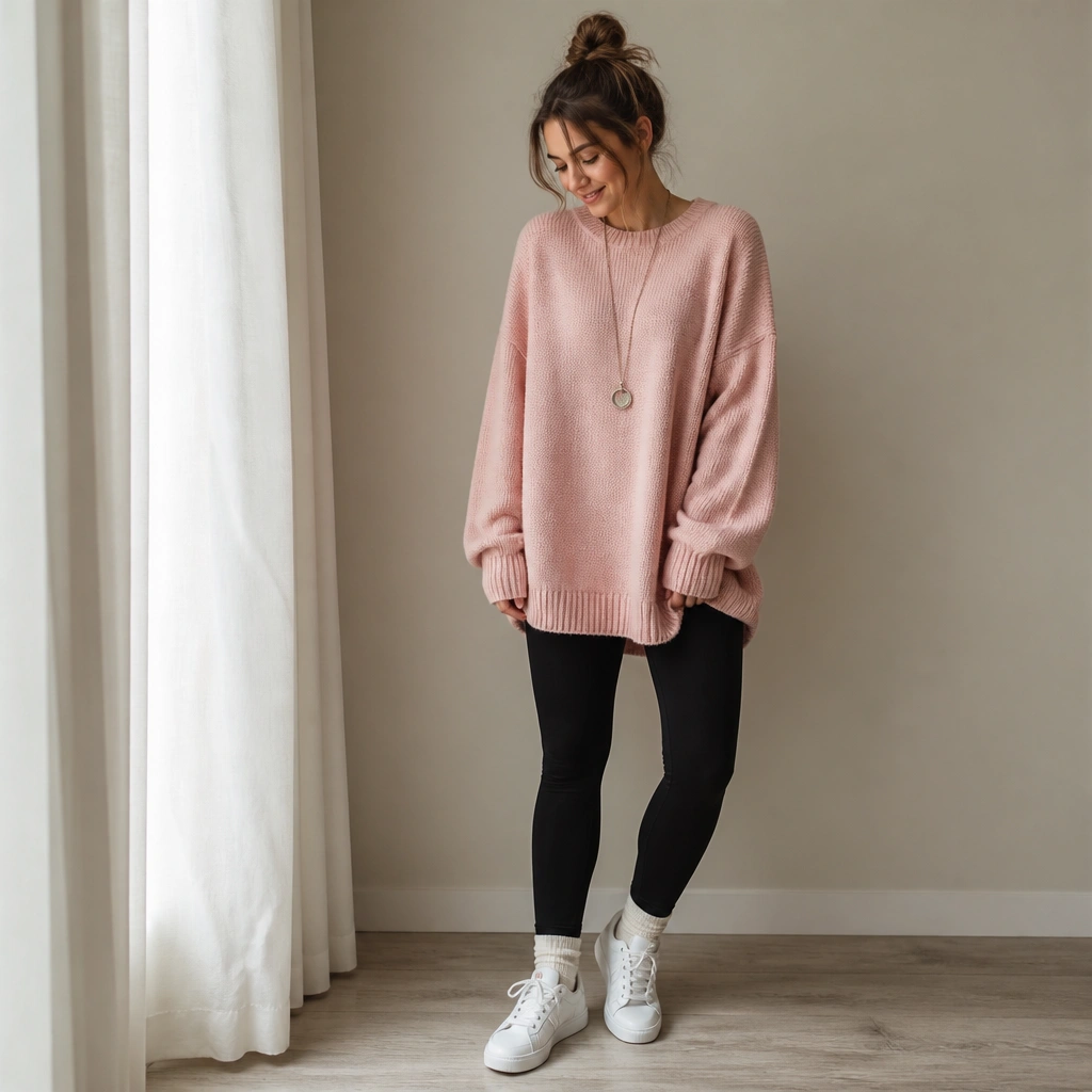 An oversized baby pink sweater falling past the hips over black leggings, with a long pendant necklace and crew socks peeking above white sneakers.