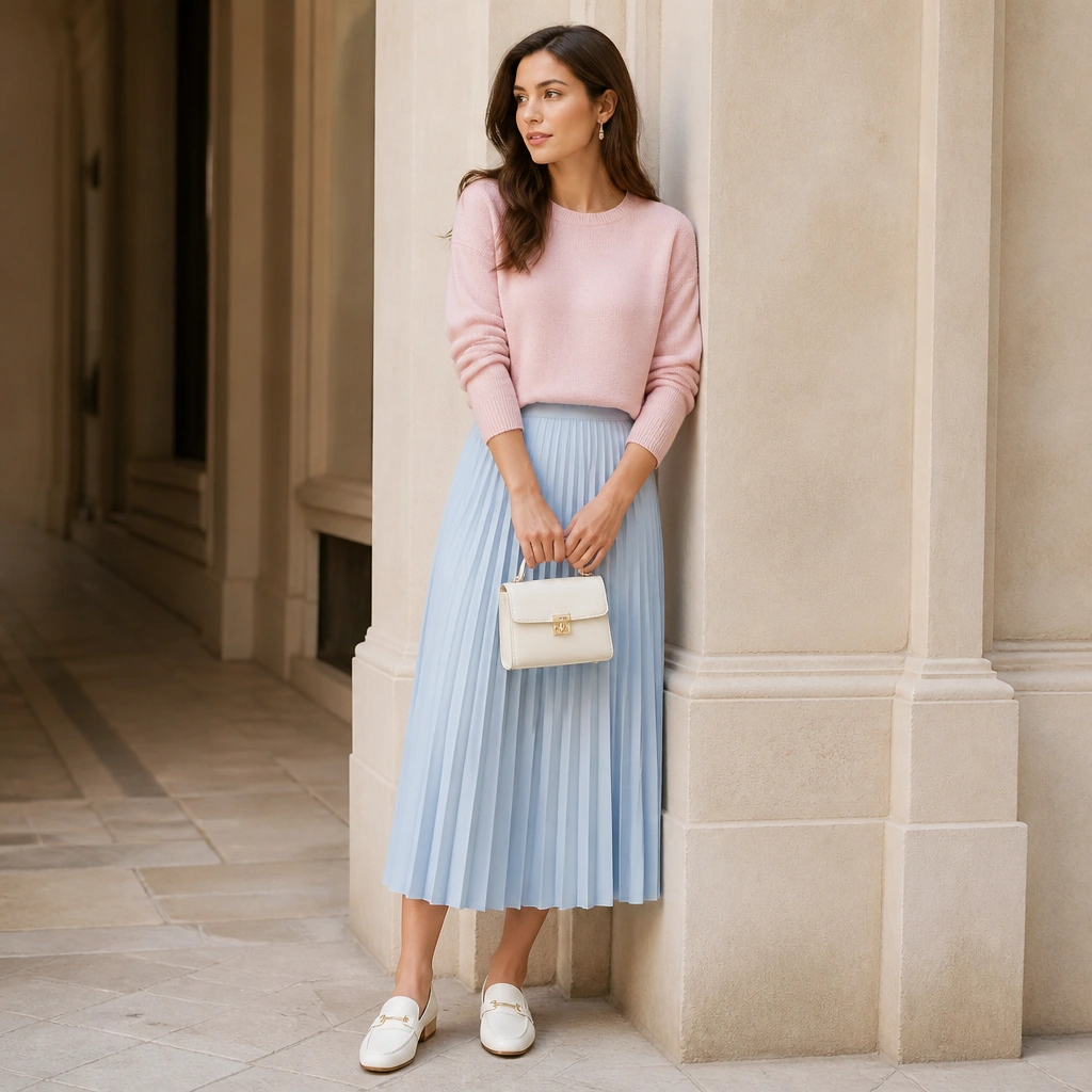 A baby pink sweater paired with a powder blue pleated midi skirt, styled with white loafers and a structured mini bag.