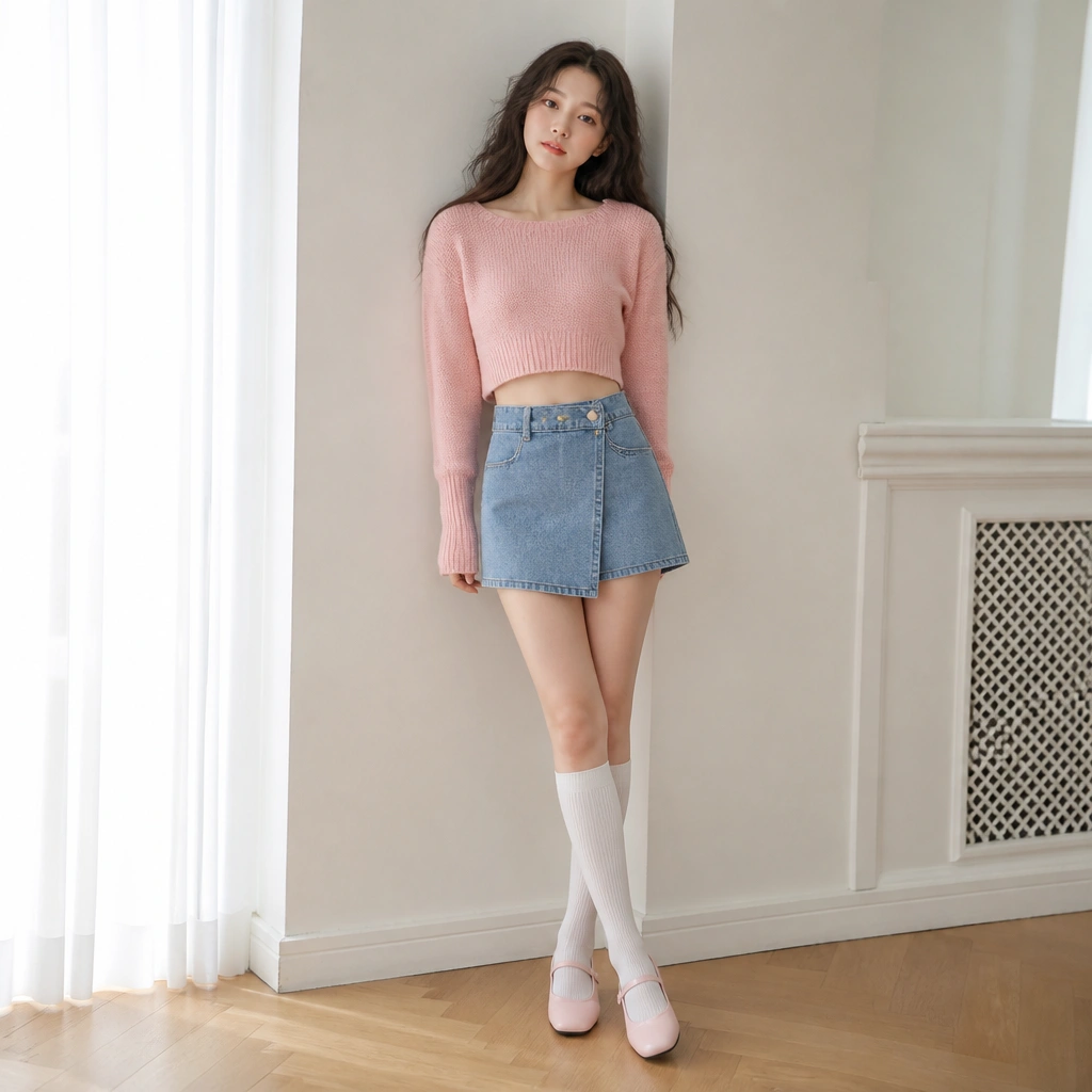A cropped baby pink sweater over a high-waist denim skort with knee-high socks and mary-jane shoes.