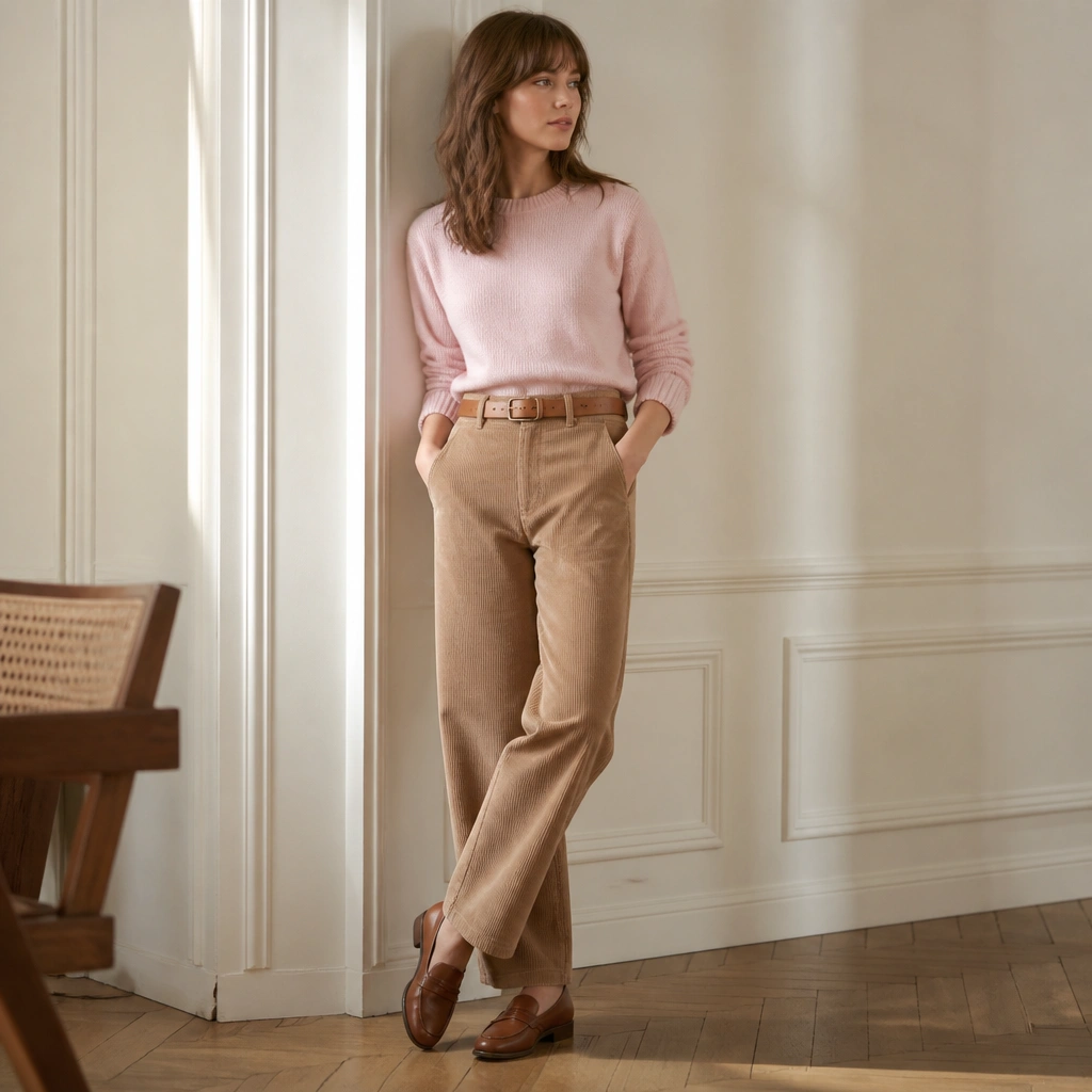 A baby pink sweater with camel corduroy straight-leg pants, cinched with a tan belt, styled with loafers.