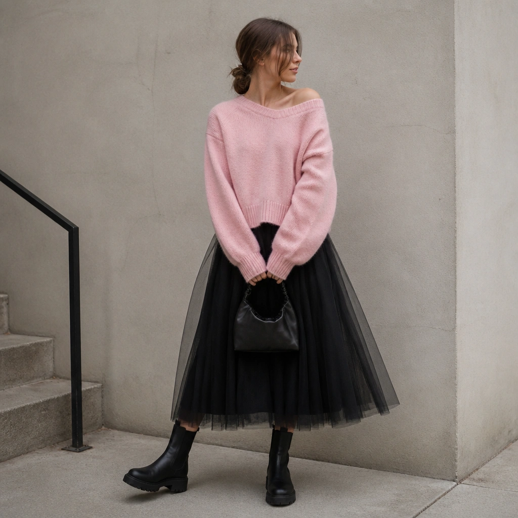 A baby pink sweater styled over a black tulle skirt, with chunky Chelsea boots and a black mini bag.