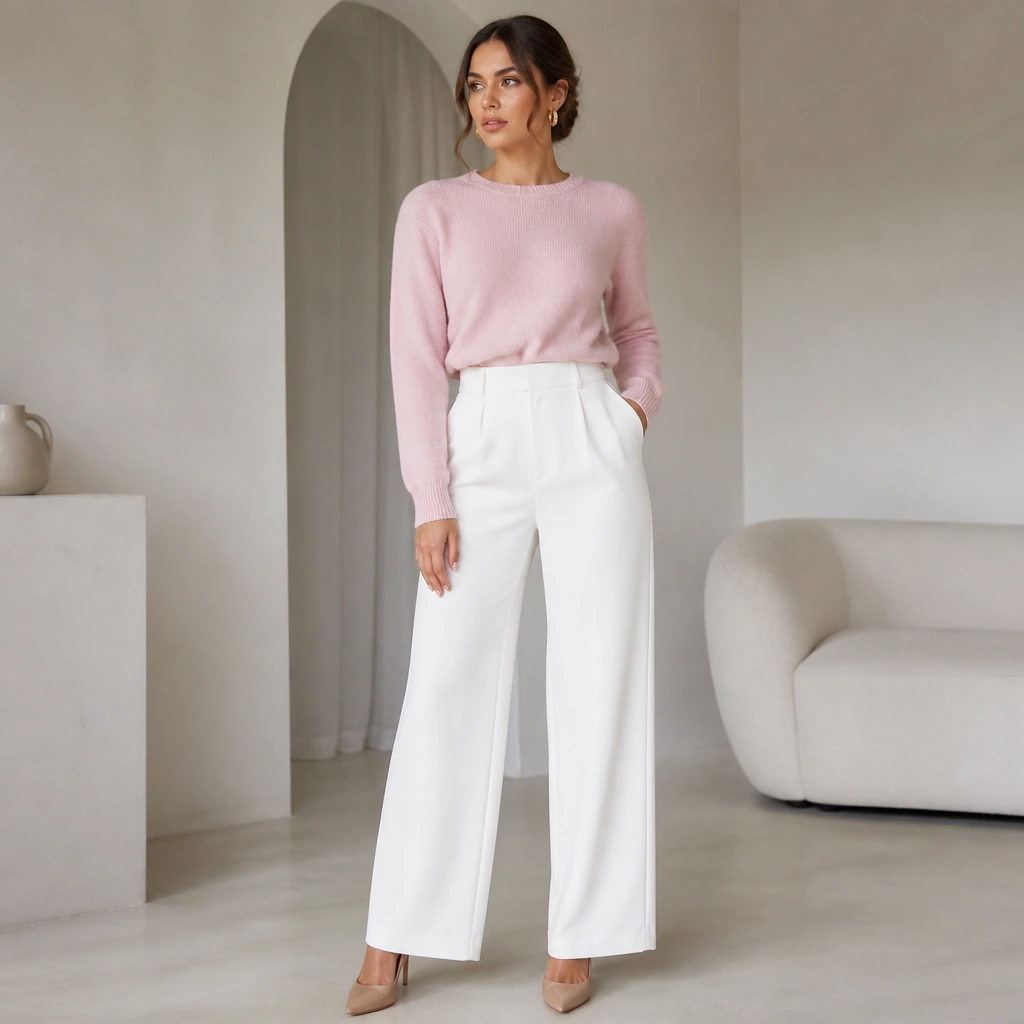 A baby pink sweater tucked into white wide-leg trousers, with gold hoop earrings and nude heels.