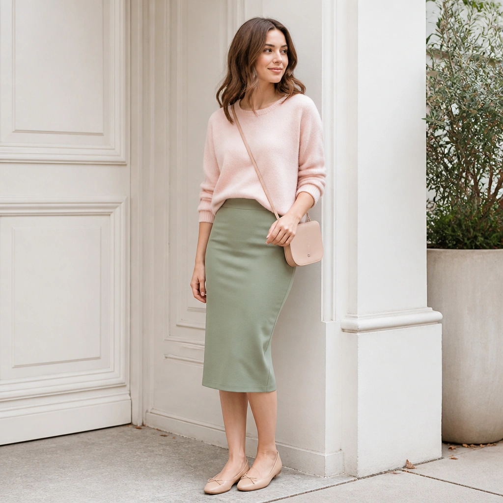A baby pink sweater worn with a sage green pencil skirt and nude ballet flats, with a small crossbody bag.