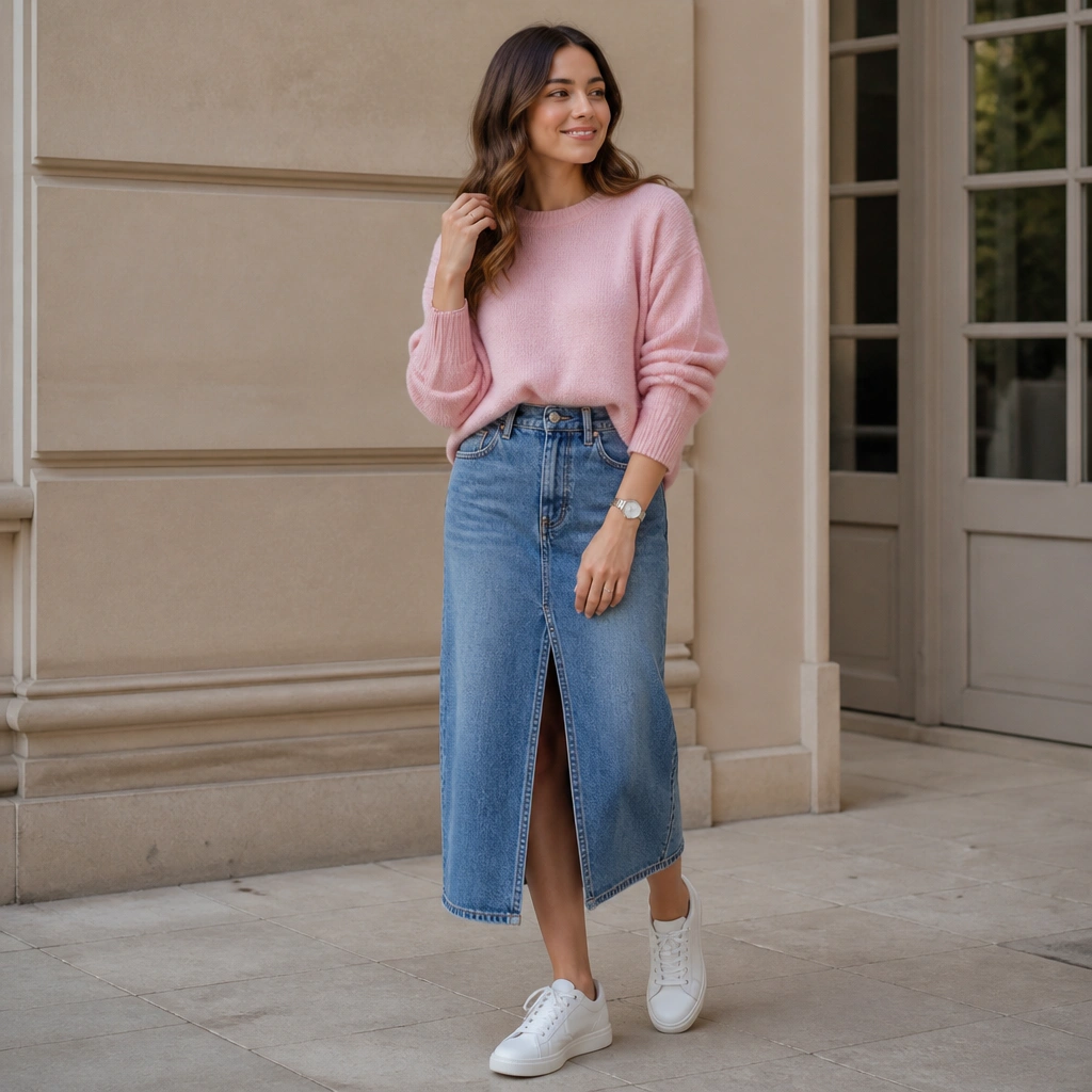 A baby pink sweater paired with a medium-wash denim midi skirt, styled with white sneakers and a simple watch.