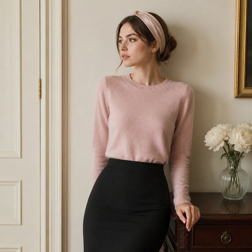 A baby pink sweater tucked into a black pencil skirt, with a satin scarf worn as a headband and small gold studs.