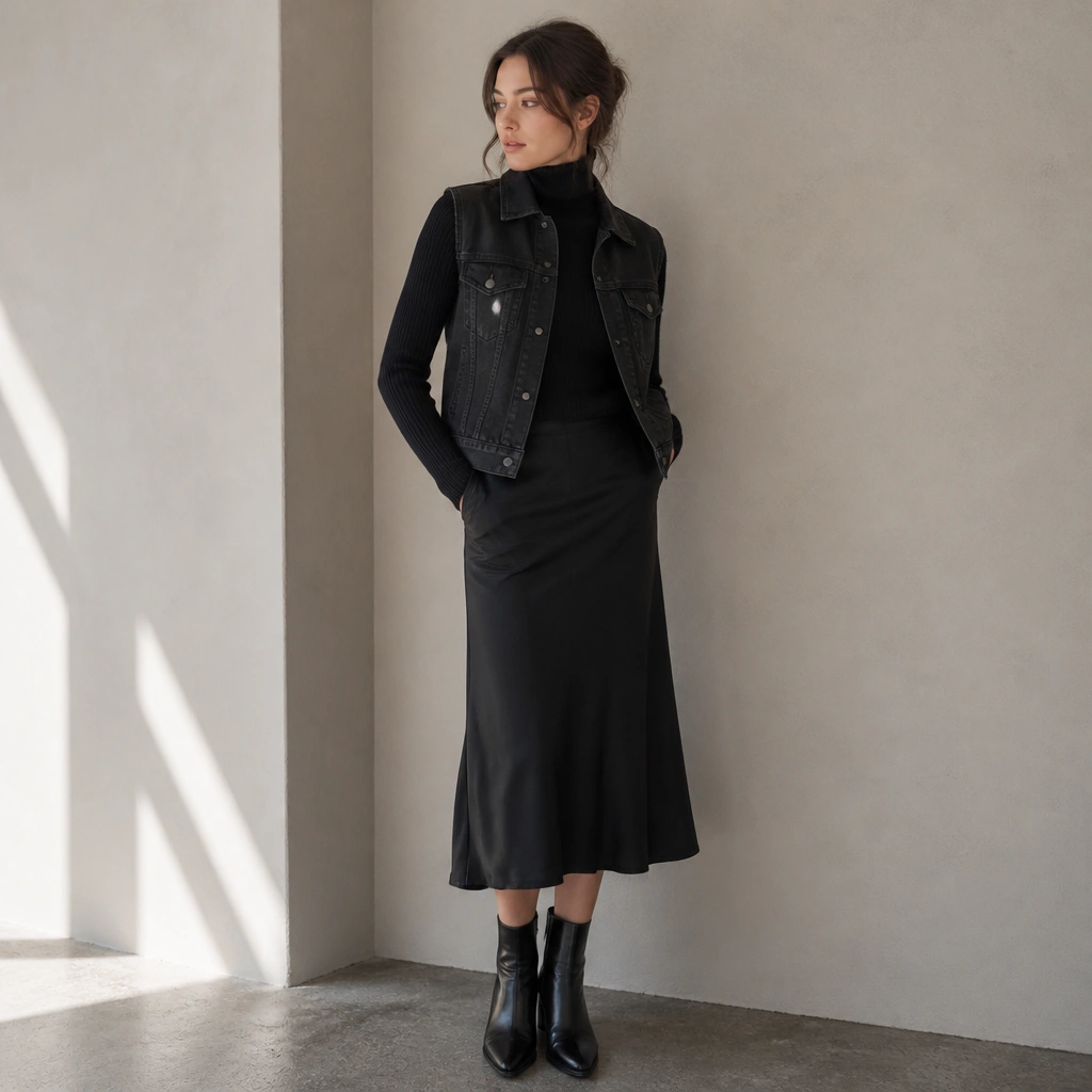 A black ribbed turtleneck under a black denim vest, styled with a dark midi skirt and black ankle boots; the shot shows a clean, monochrome look.