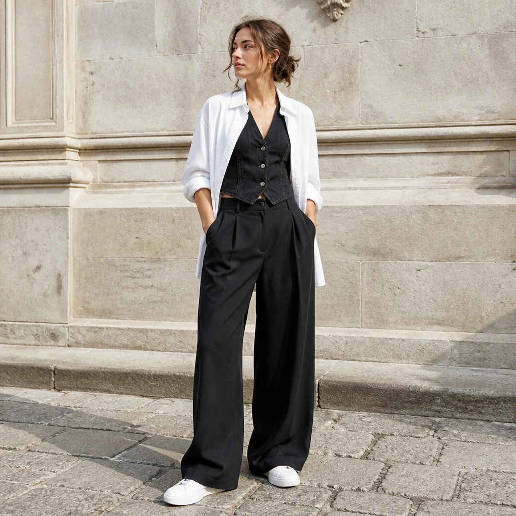 A white button-down worn slightly open over a black denim vest, paired with high-waisted wide-leg trousers and sleek white sneakers; the outfit is photographed in bright daylight.