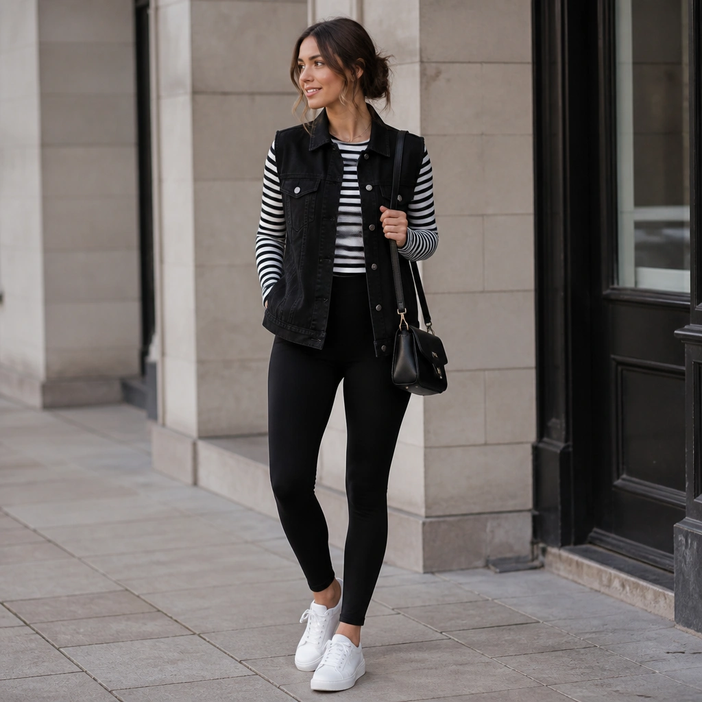 A black-and-white striped long-sleeve top under a black denim vest, paired with black leggings and white sneakers; a small shoulder bag completes the look.