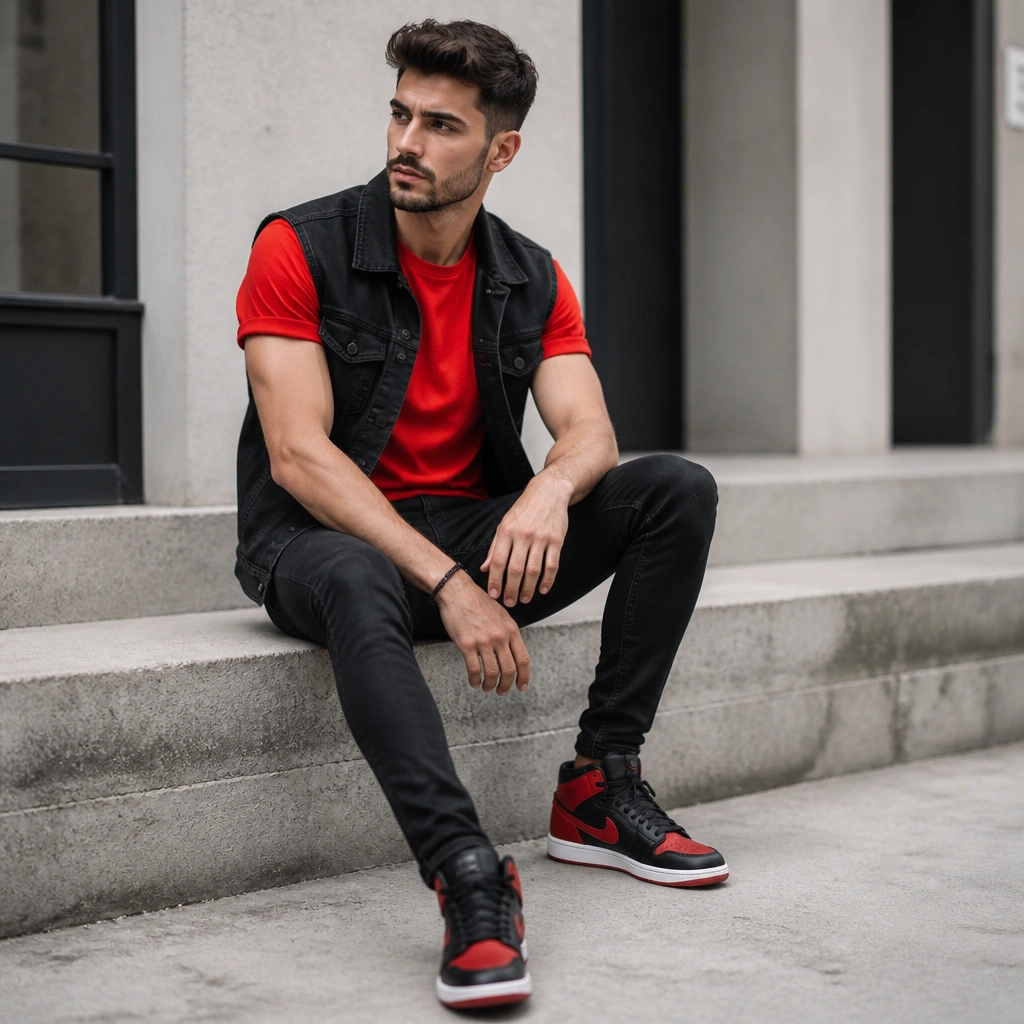 A bright red T-shirt under a black denim vest, styled with black skinny jeans and red-accent sneakers; the photo highlights the contrast color at the chest.