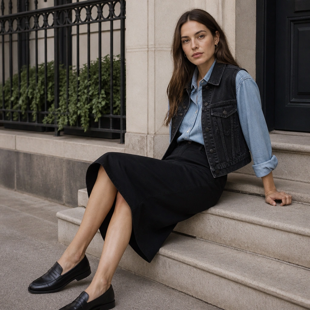 A light blue chambray shirt under a black denim vest, paired with a black skirt and black loafers; the image shows layered denim texture clearly.