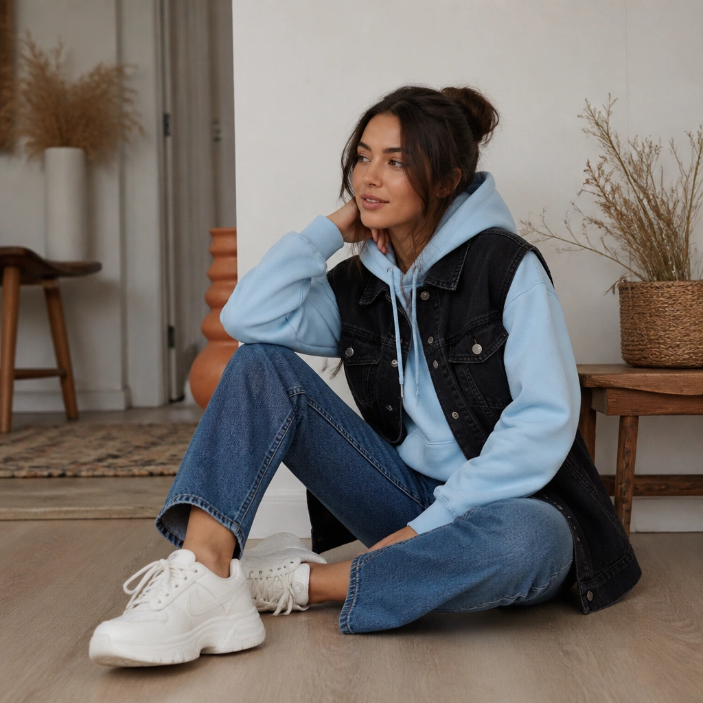 A soft pastel (powder blue) hoodie under a black denim vest, worn with straight-leg blue jeans and white chunky sneakers; the photo looks casual and cozy.