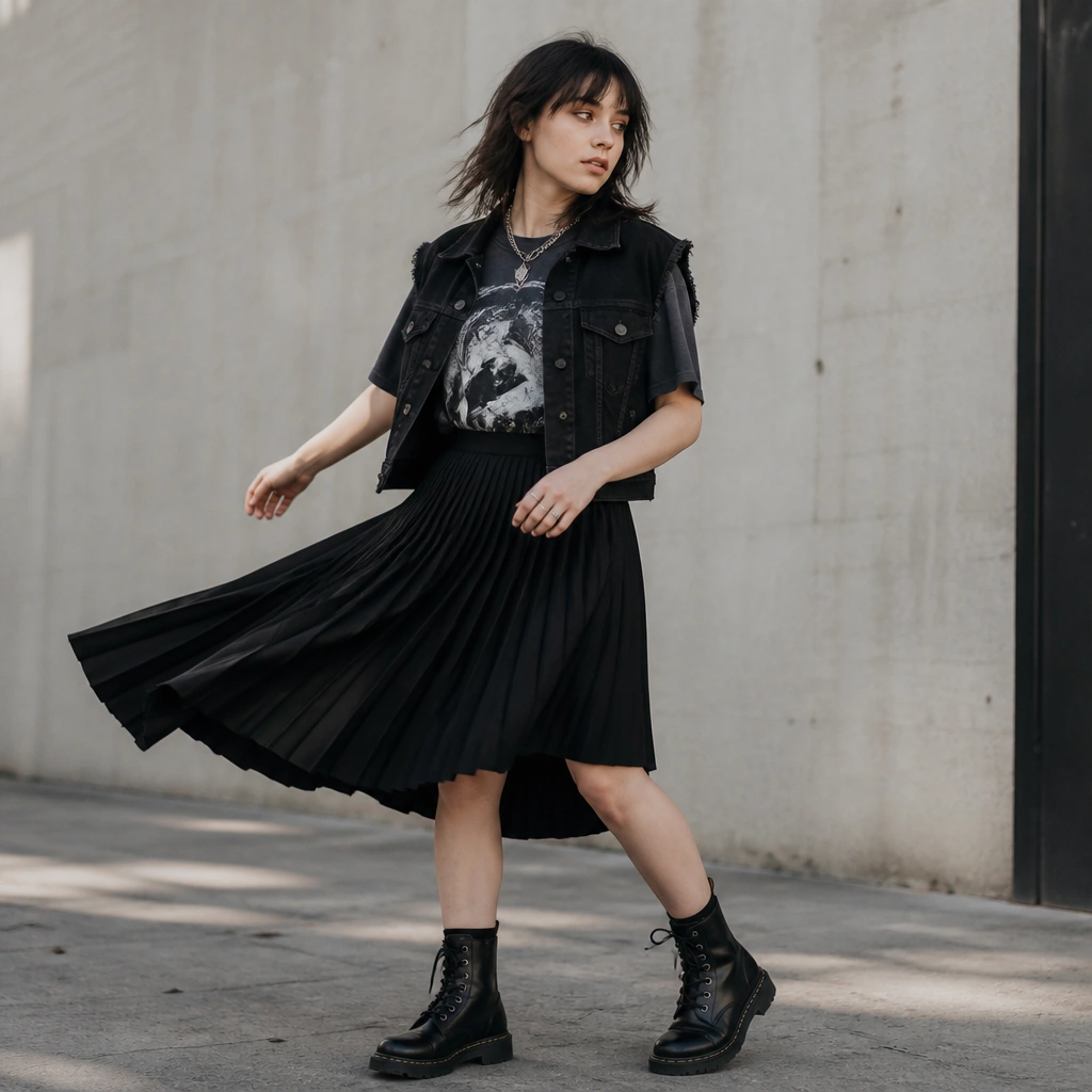 A graphic band-style tee under a black denim vest, paired with a black pleated skirt and combat boots; the photo shows movement in the skirt.