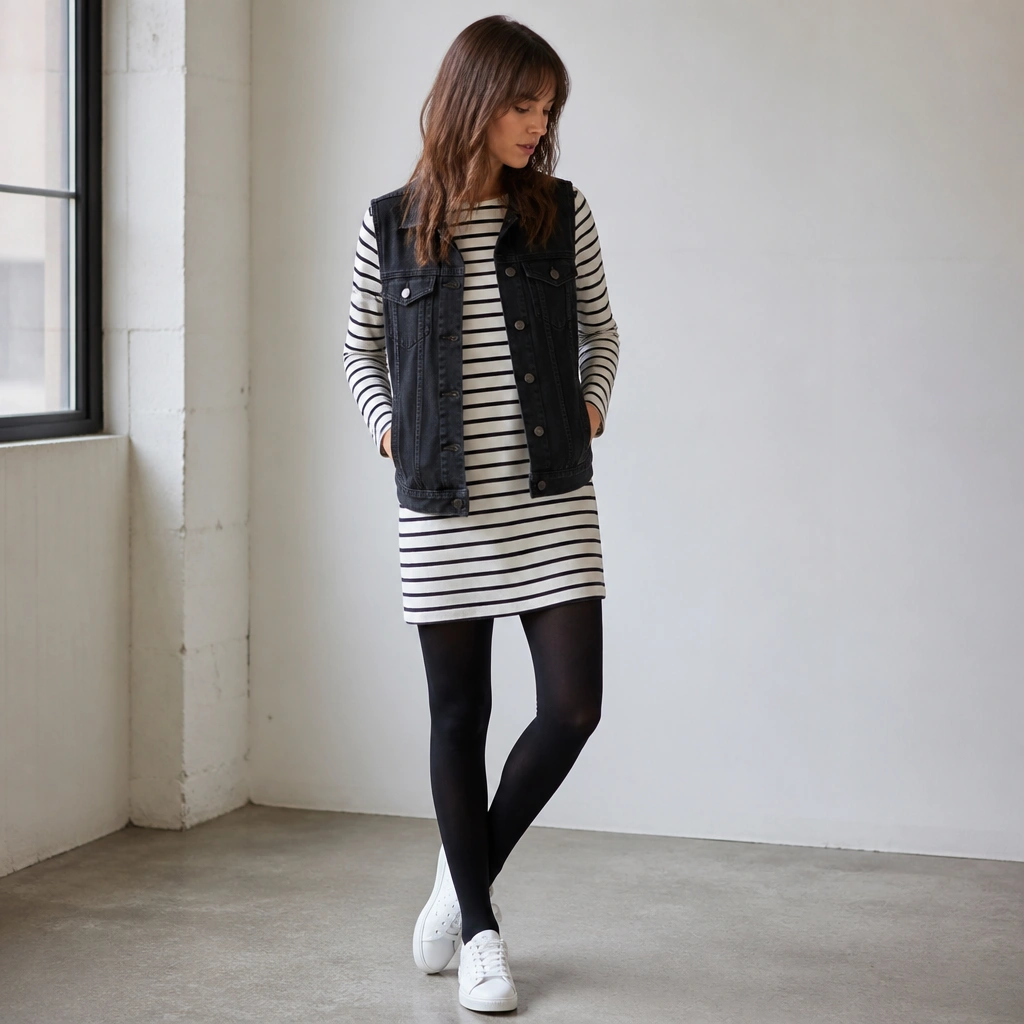 A long striped tee dress worn as a tunic under a black denim vest, with black tights and white sneakers; the photo shows the dress hem reaching mid-thigh.