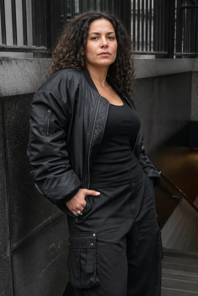 Black cargo pants with a fitted rib tank and an oversized black bomber jacket