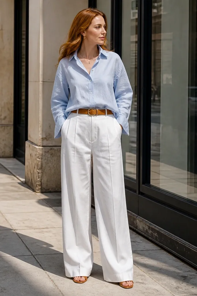 Sky-blue oversized shirt over white wide-leg trousers with a tan belt