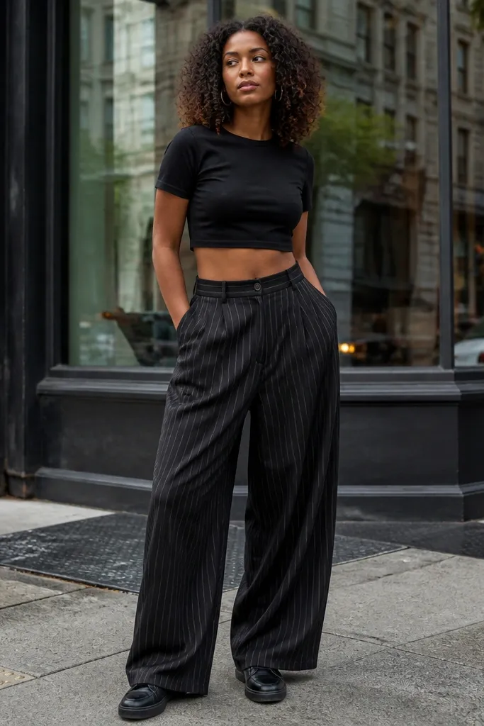 Pinstripe baggy suit pants with a cropped black tee and loafer-sneakers