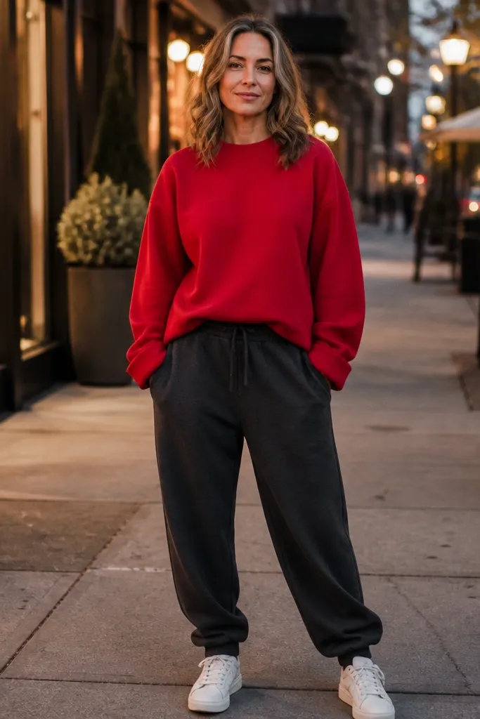 Red oversized sweatshirt with charcoal baggy joggers and white sneakers