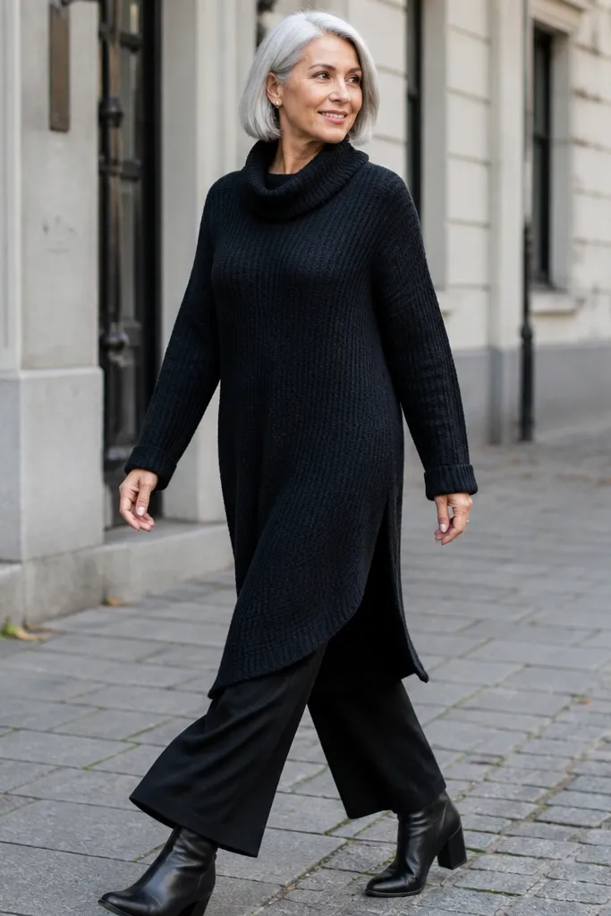 Black oversized knit dress over wide-leg leggings with knee boots