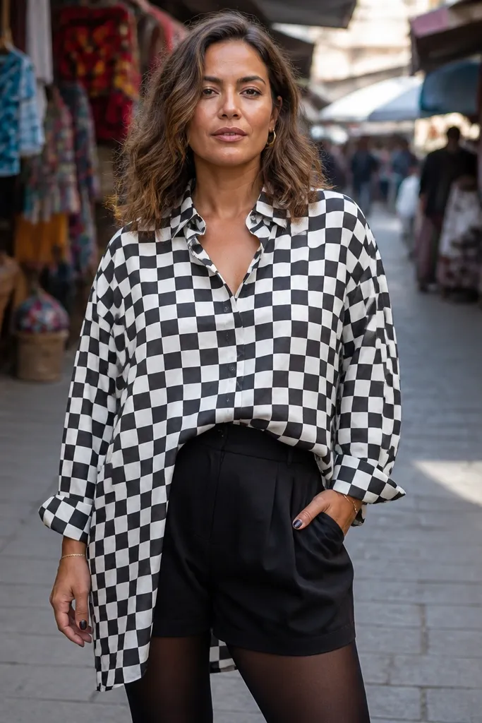 Checkerboard oversized shirt over black baggy shorts with opaque tights