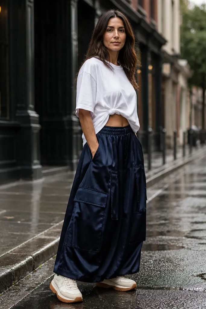 Navy satin cargo skirt with an oversized white tee and chunky sneakers